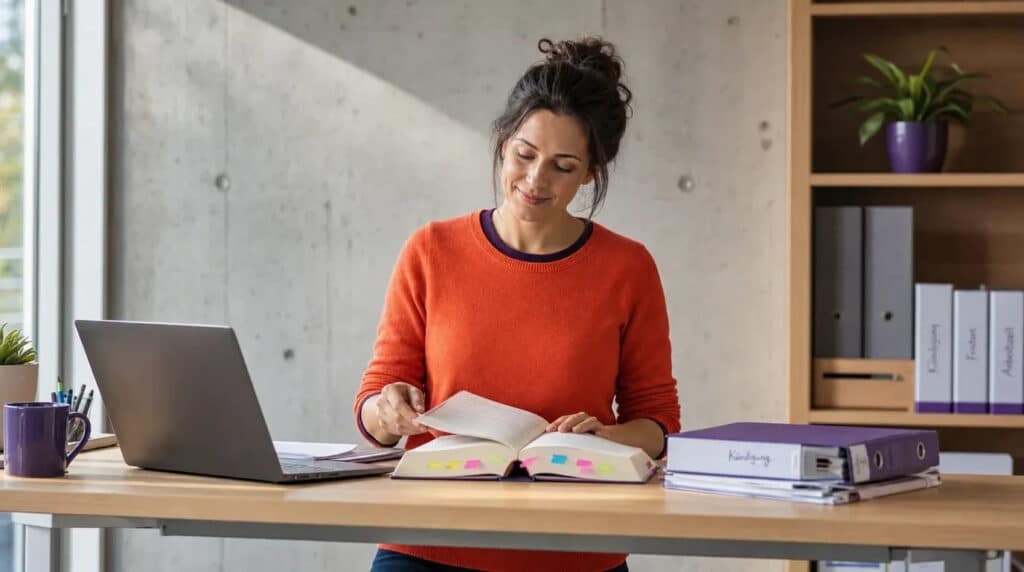 Frau im orangefarbenen Pullover steht am Stehschreibtisch, blättert in Gesetzbuch neben Laptop und Ordnern.