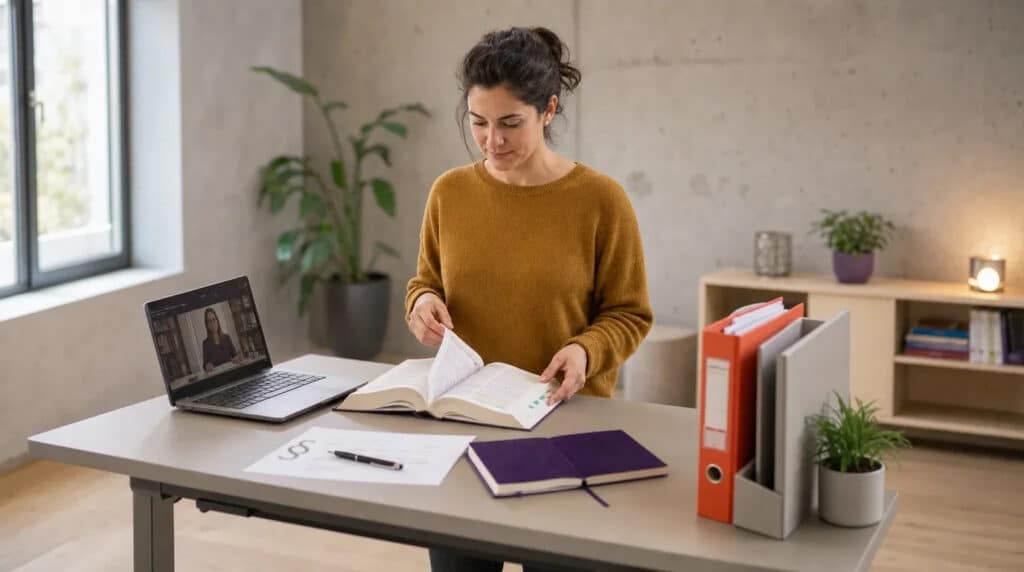 Frau am Stehschreibtisch blättert im Gesetzestext, daneben Laptop, oranger Ordner, violettes Notizbuch.