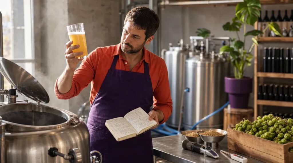 Mann in orangem Shirt prüft in einer kleinen Brauerei ein Glas Jungbier, Notizheft in der Hand.