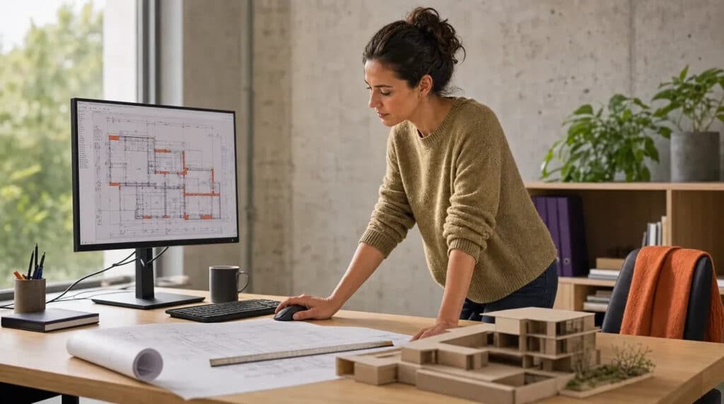 Frau am Stehschreibtisch zeichnet am Monitor einen CAD-Grundriss, daneben Planrolle und Modell.