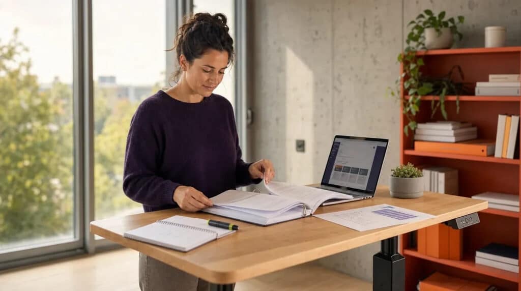 Frau im violetten Pullover lernt stehend am Schreibtisch mit Laptop, Ordner und orangefarbenem Regalfach.