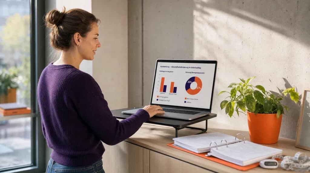 Frau im Pullover lernt am Stehpult, auf dem Laptop ein orange-violettes Gesundheitsdiagramm.