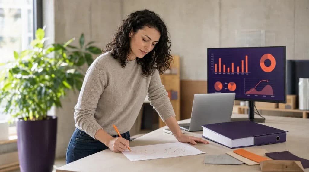 Frau am Stehschreibtisch skizziert Notizen, Monitor zeigt orange-violette Marketing-Diagramme.