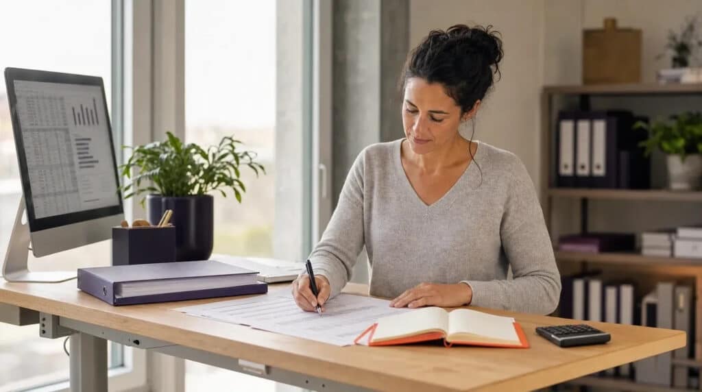 Frau steht am Stehschreibtisch, prüft Finanzauswertungen am Monitor, orangefarbenes Notizbuch daneben.