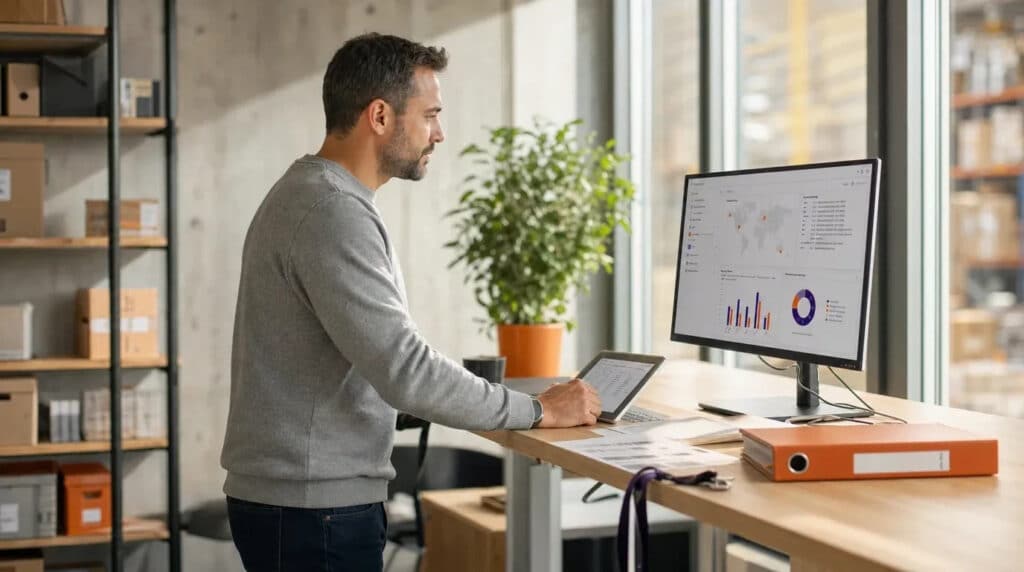 Mann am Stehschreibtisch analysiert am Monitor eine orange-violette Logistikgrafik, Lager im Hintergrund.