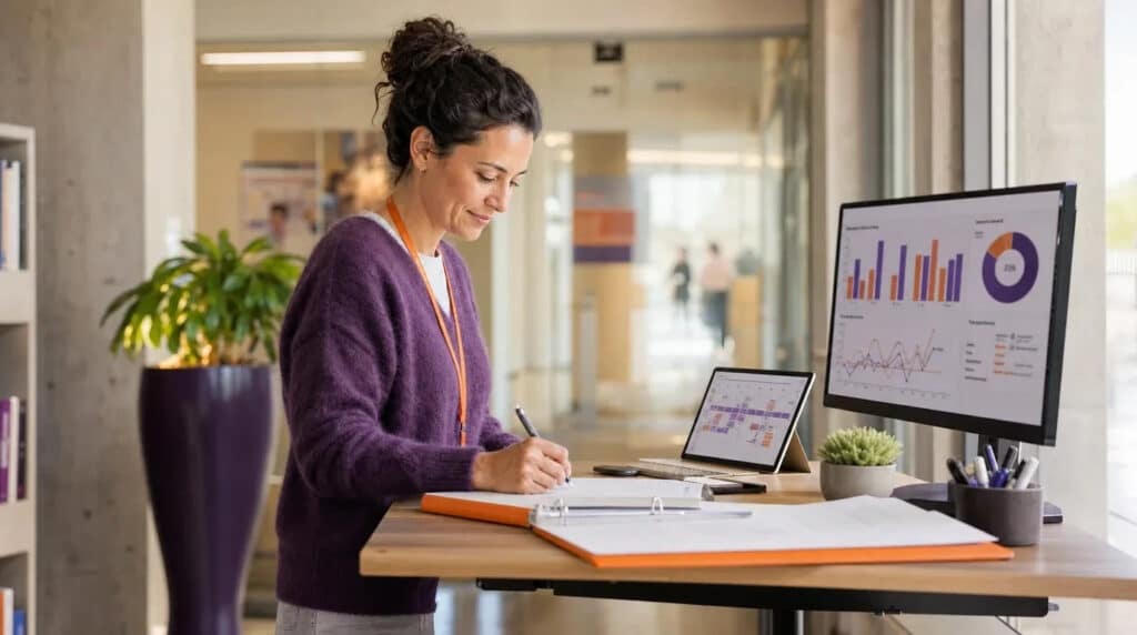 Frau im violetten Pullover steht am Stehschreibtisch, Monitor zeigt orange-violette Kennzahlen-Diagramme.
