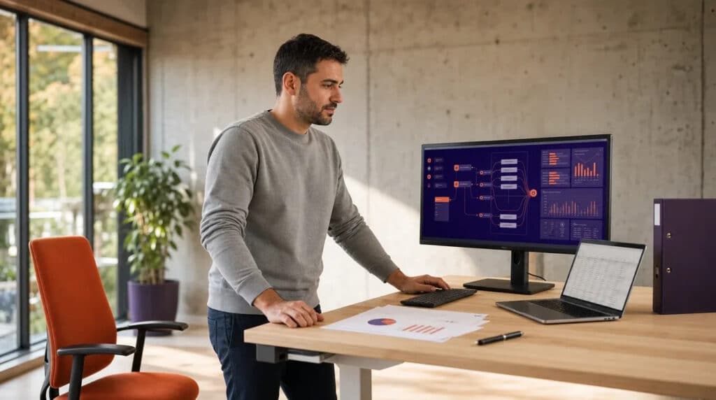 Mann am Stehschreibtisch betrachtet Monitor mit orange-violettem Prozessdiagramm im hellen Büro.