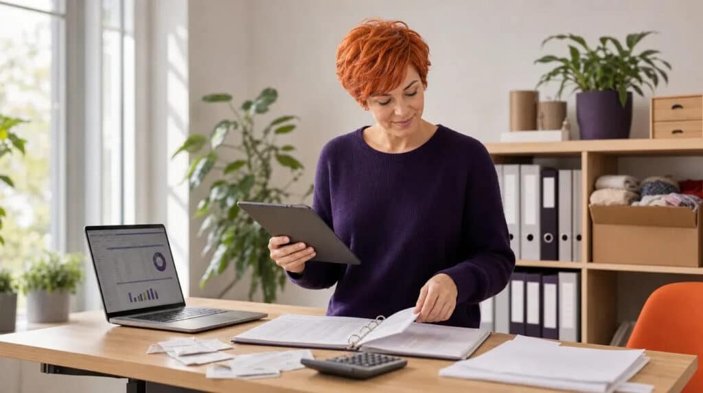 Frau mit orangen Haaren am Stehschreibtisch mit Tablet, Laptop und Ordner in hellem Vereinsbüro.