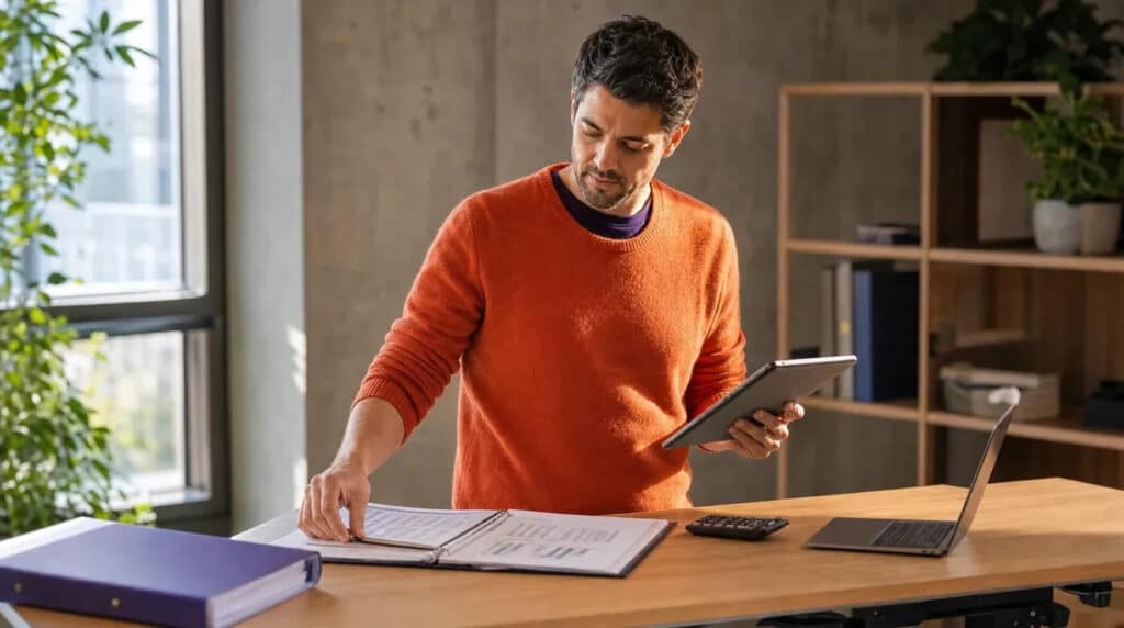 Mann im orangen Pullover am Stehschreibtisch mit Tablet, Ordner und Laptop in heller Bürocke.
