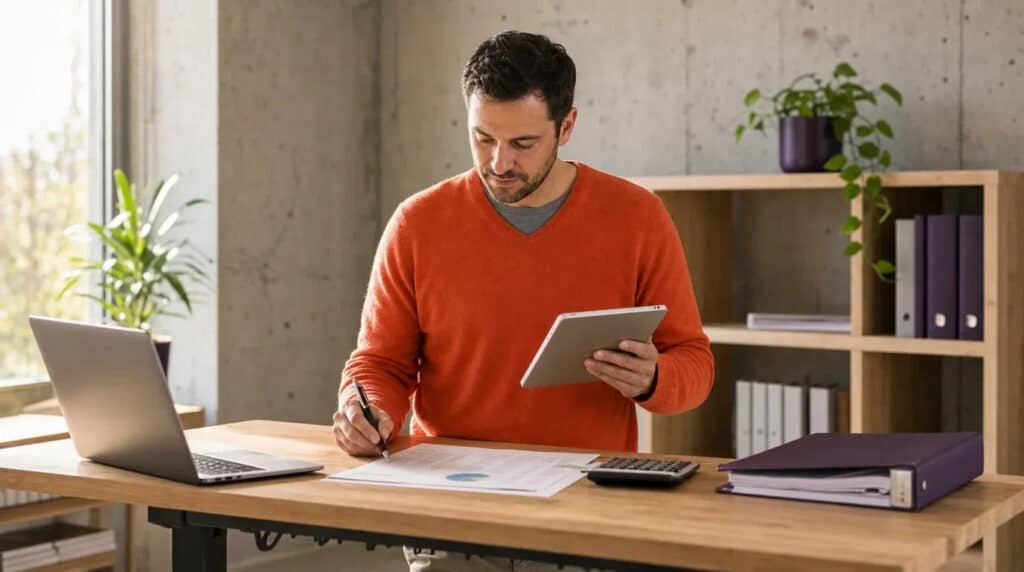 Mann im orangefarbenen Pullover arbeitet am Stehschreibtisch mit Tablet, Laptop und Zahlentabellen.