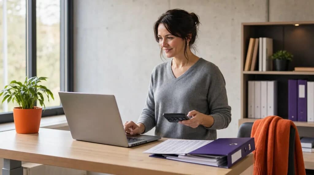 Frau steht am Stehschreibtisch, arbeitet mit Laptop, Taschenrechner und Ordner an Buchhaltungszahlen.