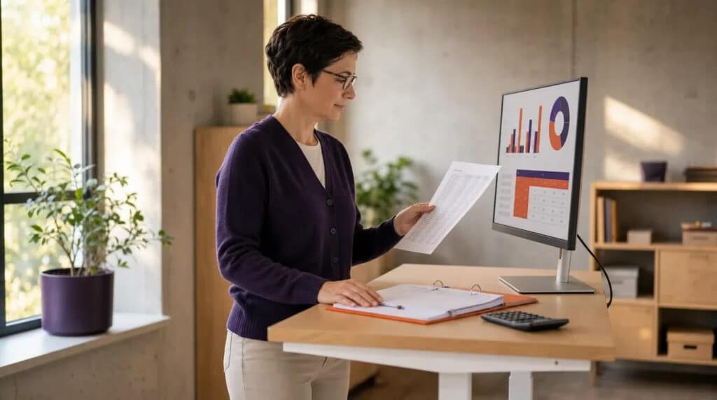 Frau am Stehschreibtisch vergleicht Zahlenausdruck mit orange-violetten Diagrammen auf dem Monitor.