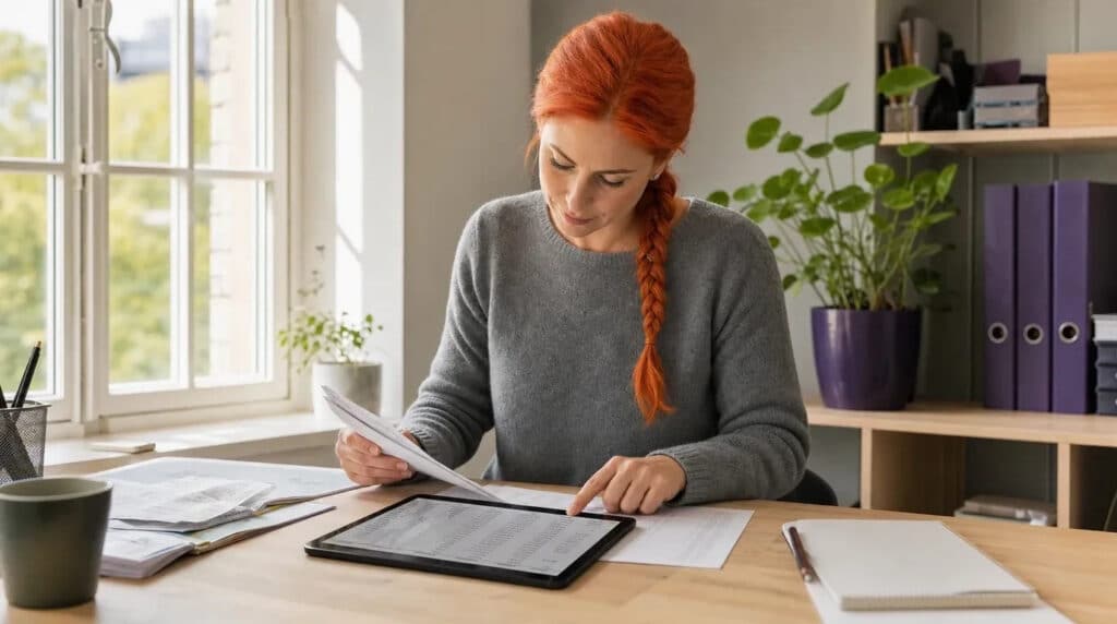 Frau mit orangem Haar prüft stehend Belege und eine Kontenübersicht auf einem Tablet im hellen Büro.