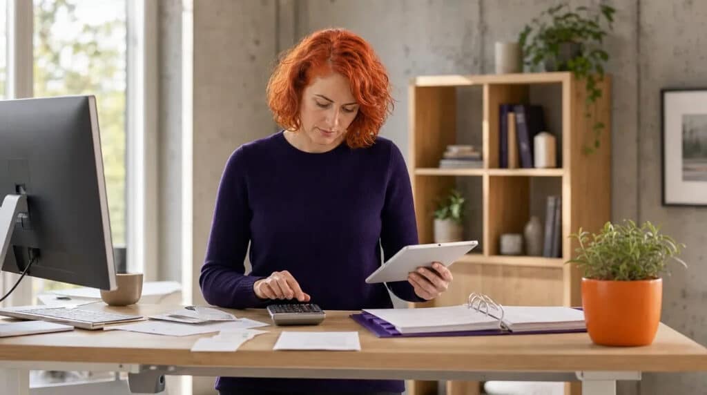 Frau mit orangeroten Haaren arbeitet am Stehschreibtisch mit Belegen, Taschenrechner und Tabelle am Monitor.