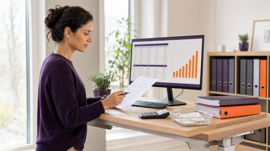 Frau am Stehschreibtisch prüft Belege, am Monitor Buchhaltungstabelle mit orangem Diagramm.
