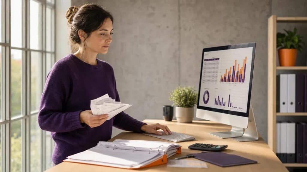 Frau im violetten Pullover am Stehschreibtisch prüft Belege, Monitor zeigt orange-violette Buchhaltungsgrafik.