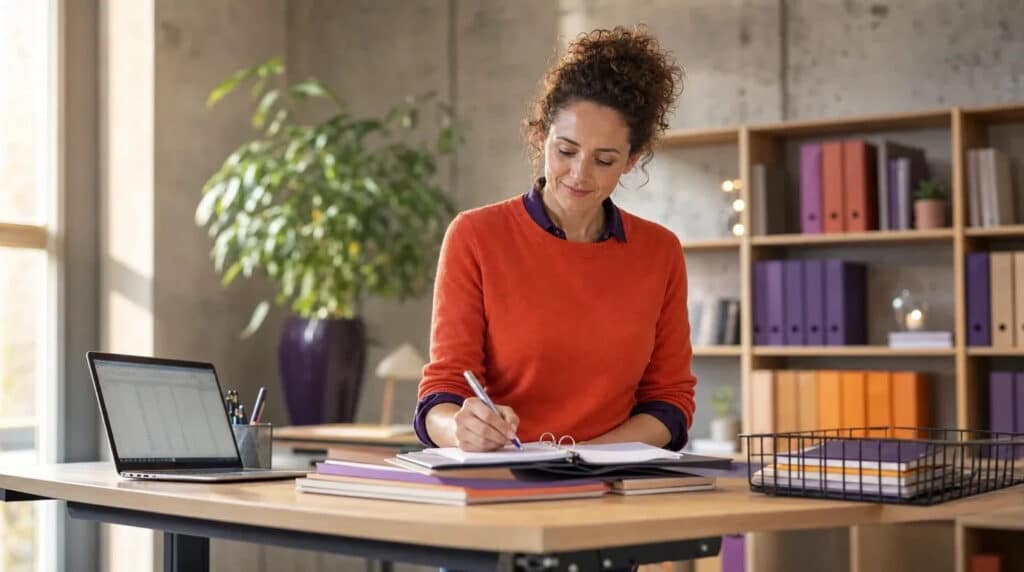 Frau im orangefarbenen Pullover arbeitet konzentriert am Stehschreibtisch mit Laptop und Ordnern.