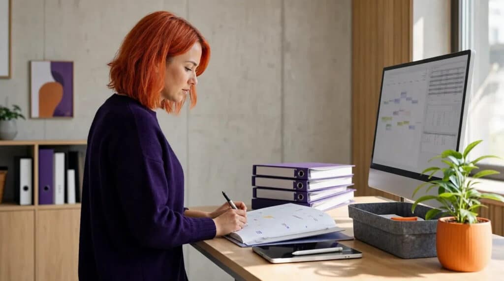 Frau mit orangeroten Haaren organisiert am Stehschreibtisch Termine, Ordner und Monitor im hellen Büro.