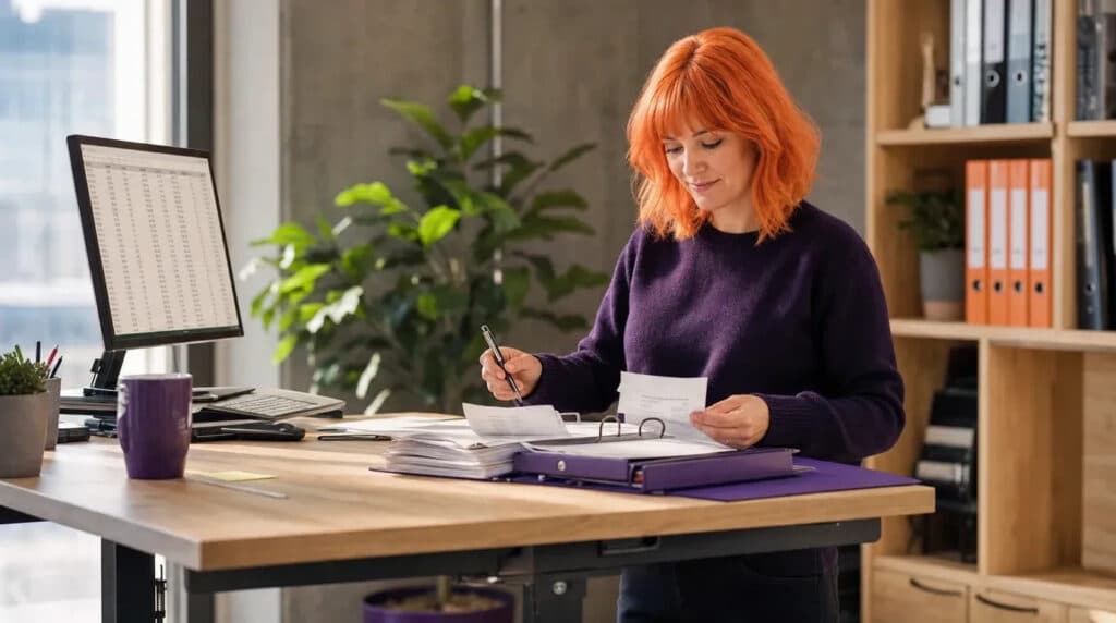 Frau mit orangefarbenen Haaren arbeitet am Stehschreibtisch mit Laptop und Unterlagen im hellen Büro.