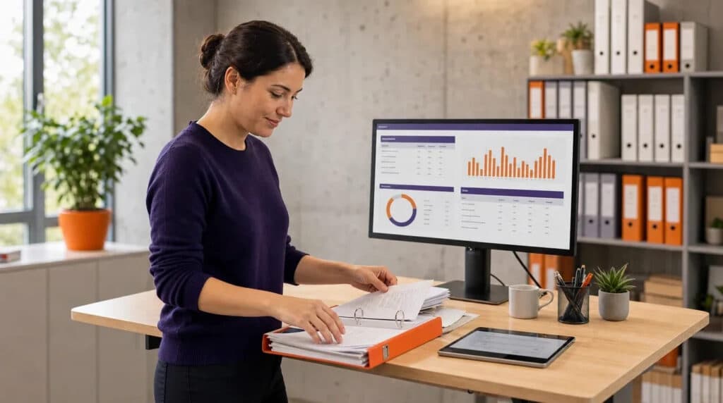 Frau im dunkelvioletten Pullover steht am Stehschreibtisch, sortiert Belege, Monitor zeigt Diagramme.