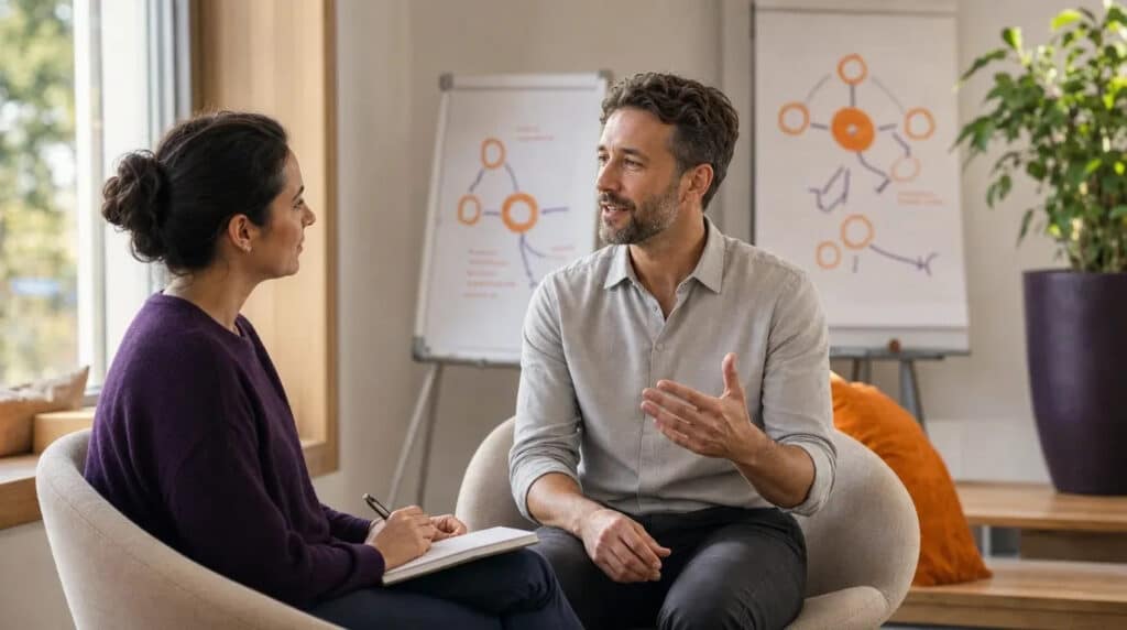Zwei Personen im ruhigen Coachinggespräch vor Flipchart mit orange-violetter Skizze am Fenster.