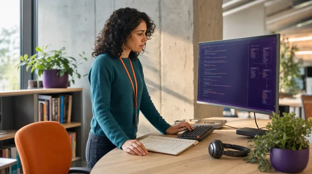 Frau steht am Stehschreibtisch und programmiert am Monitor mit orange-violettem Code-Editor.