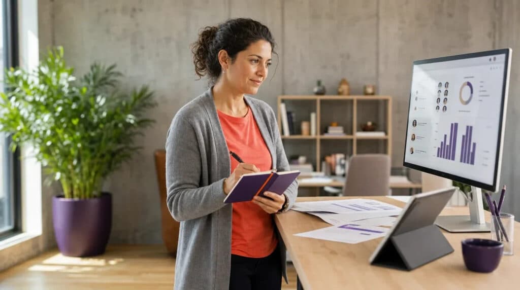 Frau am Stehschreibtisch prüft Kundendaten am Monitor, mit violettem Notizbuch in der Hand.