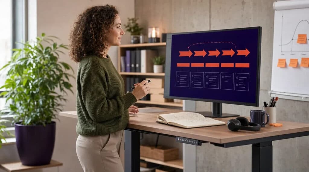 Frau am Stehschreibtisch skizziert am Monitor eine orange-violette Phasengrafik, daneben Flipchart mit Kurve.