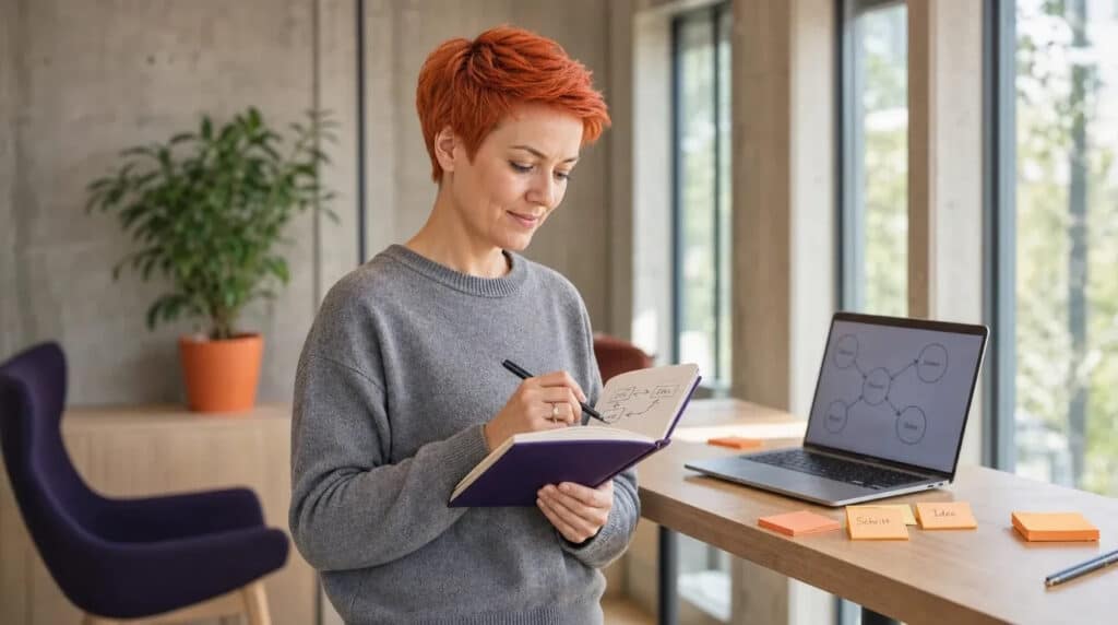 Frau mit orangeroten Haaren notiert am Stehpult eine Prozessskizze, Laptop mit Diagramm am Fenster.