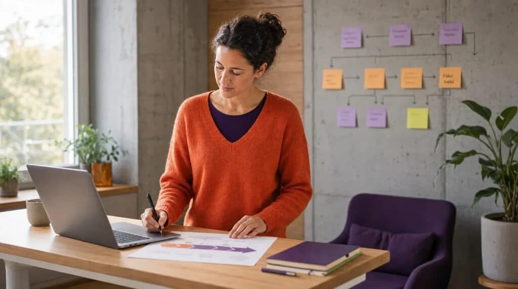 Frau im orangefarbenen Pullover arbeitet am Stehschreibtisch mit Laptop und Ablaufdiagramm aus Haftnotizen.