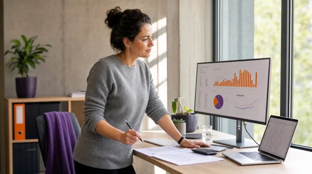 Frau am Stehschreibtisch prüft Kennzahlen-Diagramme in Orange und Violett auf einem Monitor.