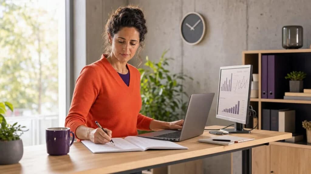 Frau im orangefarbenen Pullover steht am Stehtisch und wertet am Laptop Diagramme und Zahlentabellen aus.