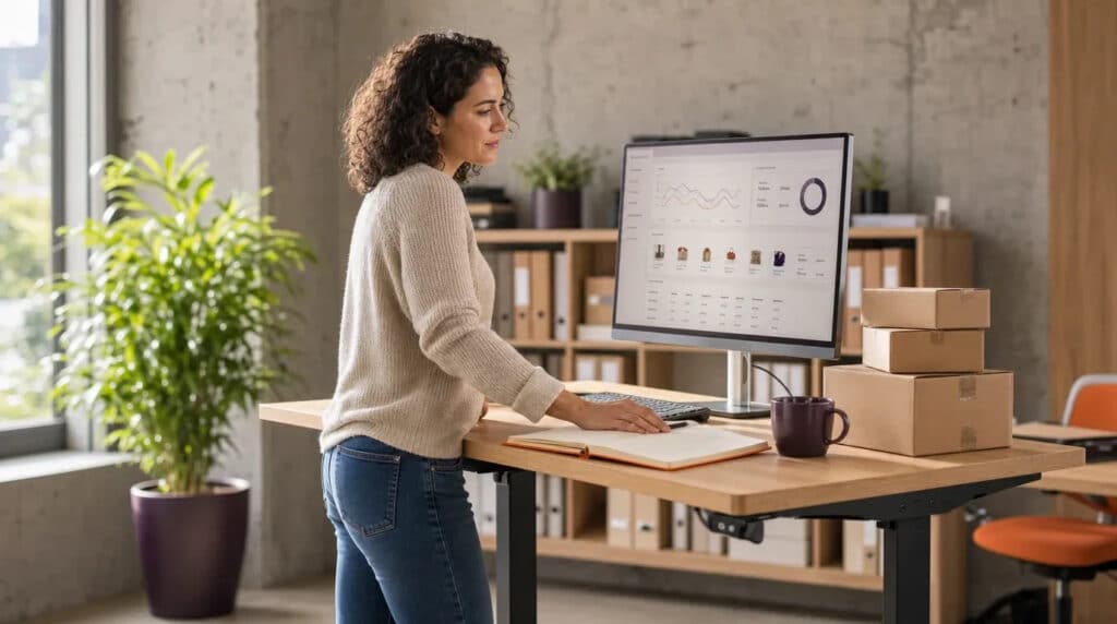 Frau am Stehschreibtisch blickt auf Monitor mit Online-Shop-Dashboard, orangefarbenes Notizbuch daneben.