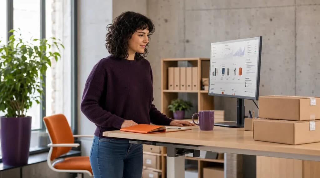 Frau am Stehschreibtisch blickt auf Monitor mit Online-Shop-Dashboard, orangefarbenes Notizbuch daneben.