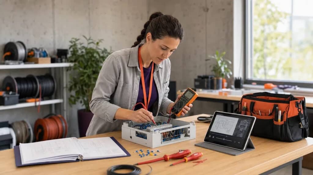 Frau in Werkstatt prüft mit Multimeter einen Verteilerkasten, daneben Schaltpläne und orange Werkzeugtasche.