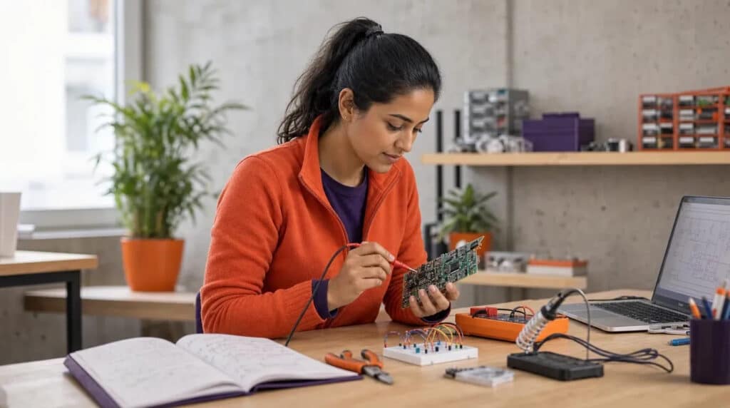 Frau im orangefarbenen Pullover prüft an einer Werkbank eine Platine mit Multimeter, Laptop daneben.