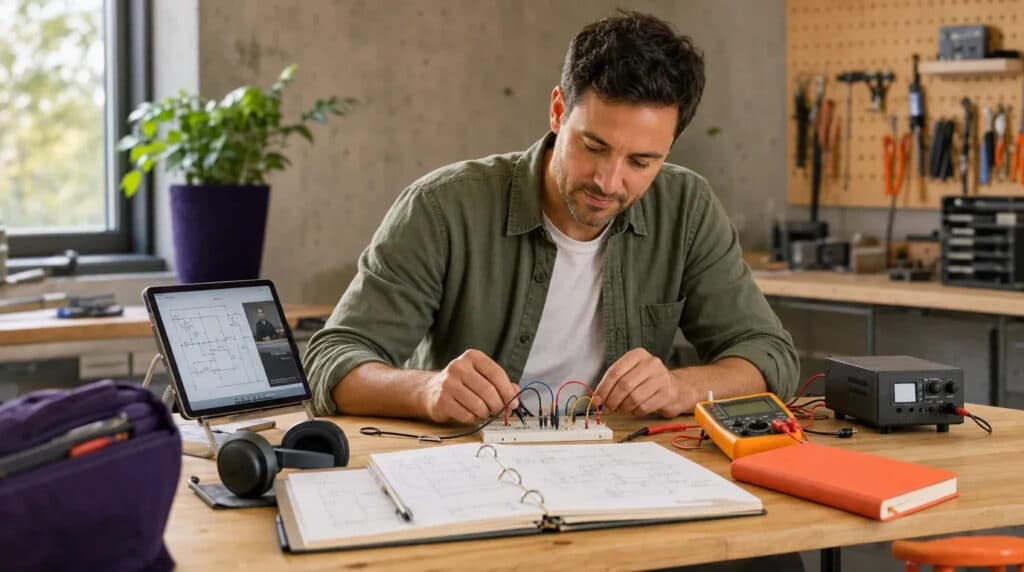 Mann misst an einer Werkbank eine Schaltung mit Multimeter, daneben orangefarbenes Notizbuch und Tablet.