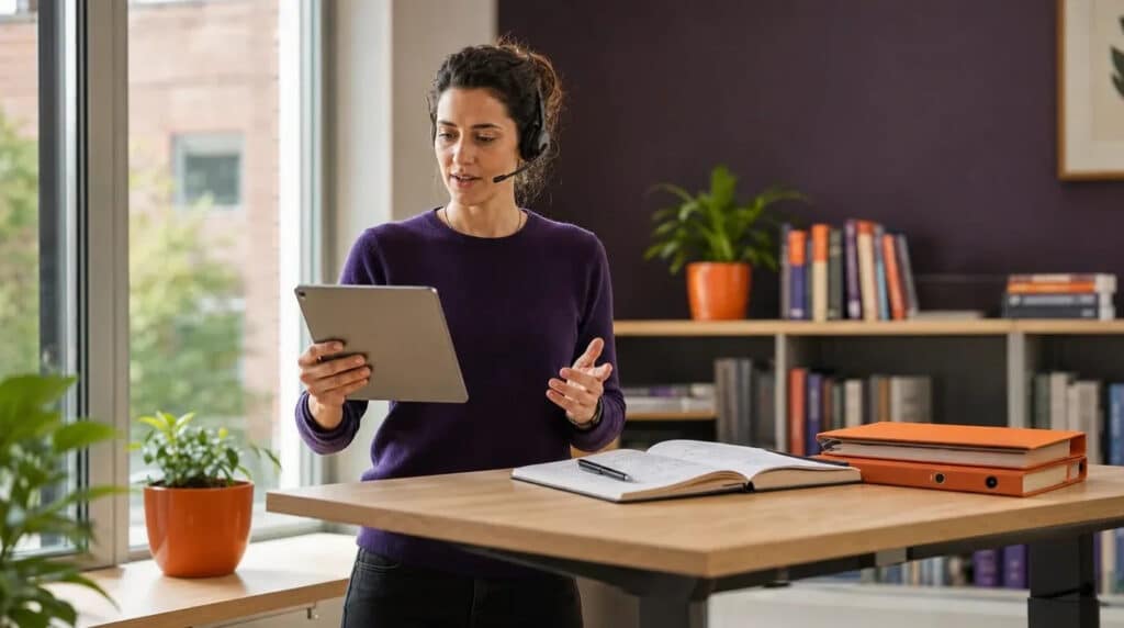 Frau am Stehtisch mit Tablet und Headset, orange Ordner und Notizen mit englischen Vokabeln.