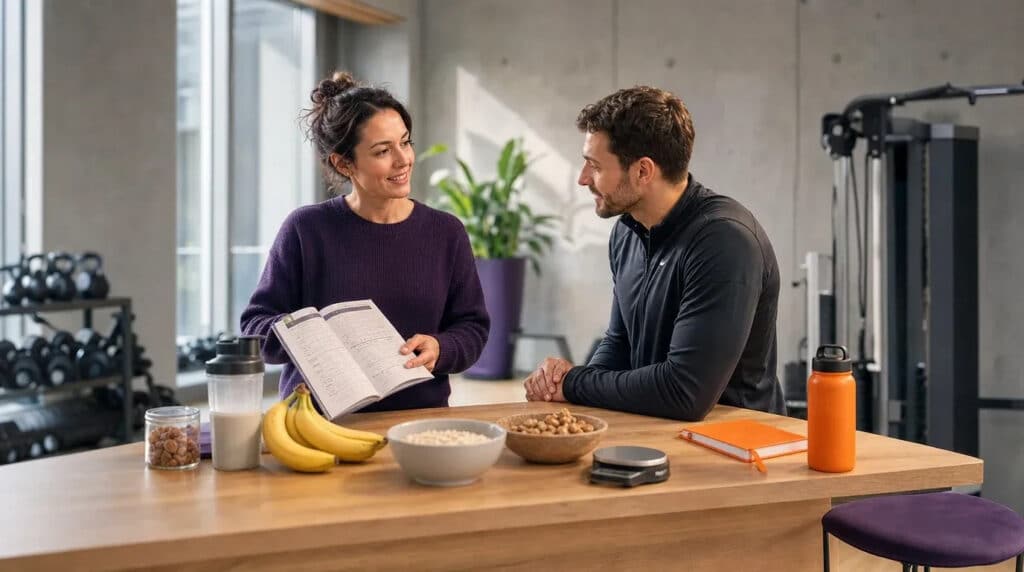 Ernährungsberaterin erklärt einem Sportler am Tresen einen Ernährungsplan, daneben frische Lebensmittel.