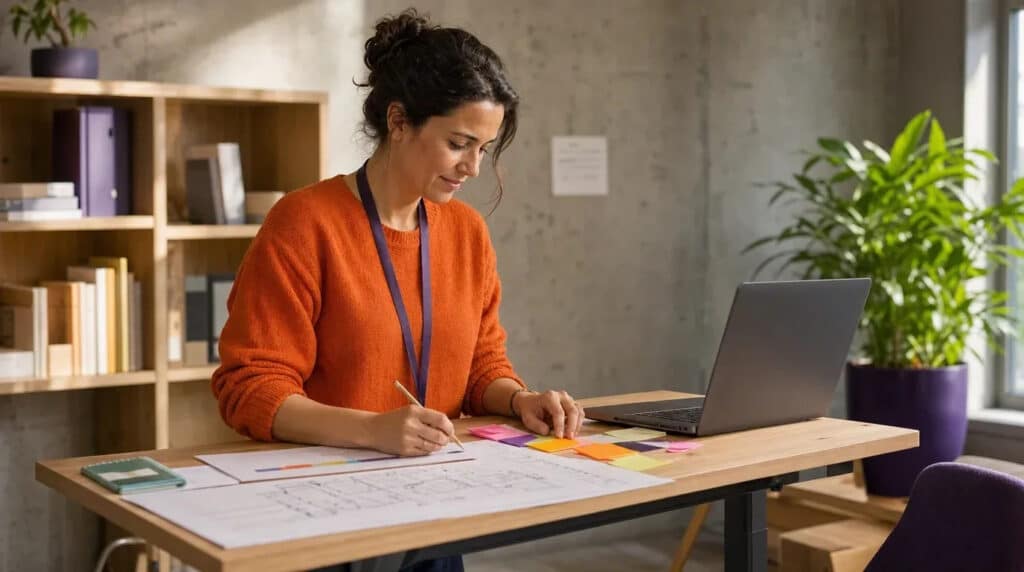 Frau im orangefarbenen Pullover plant am Stehtisch mit Laptop, Ablaufplan und Klebezetteln.
