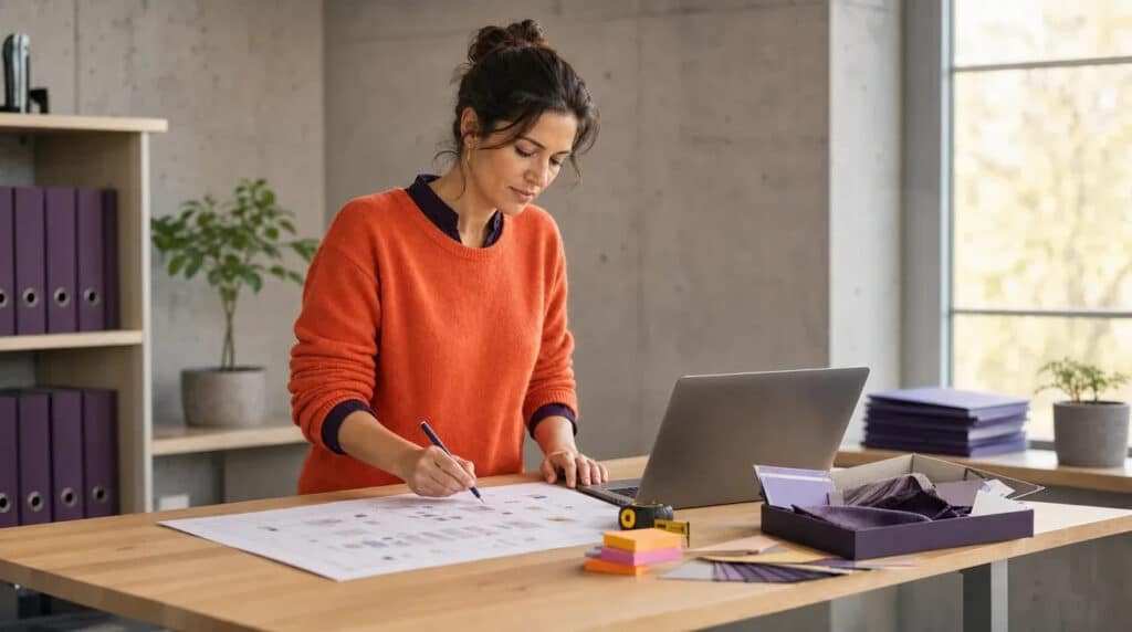 Frau im orangefarbenen Pullover markiert am Stehschreibtisch einen Hallenplan neben Laptop und Mustern.