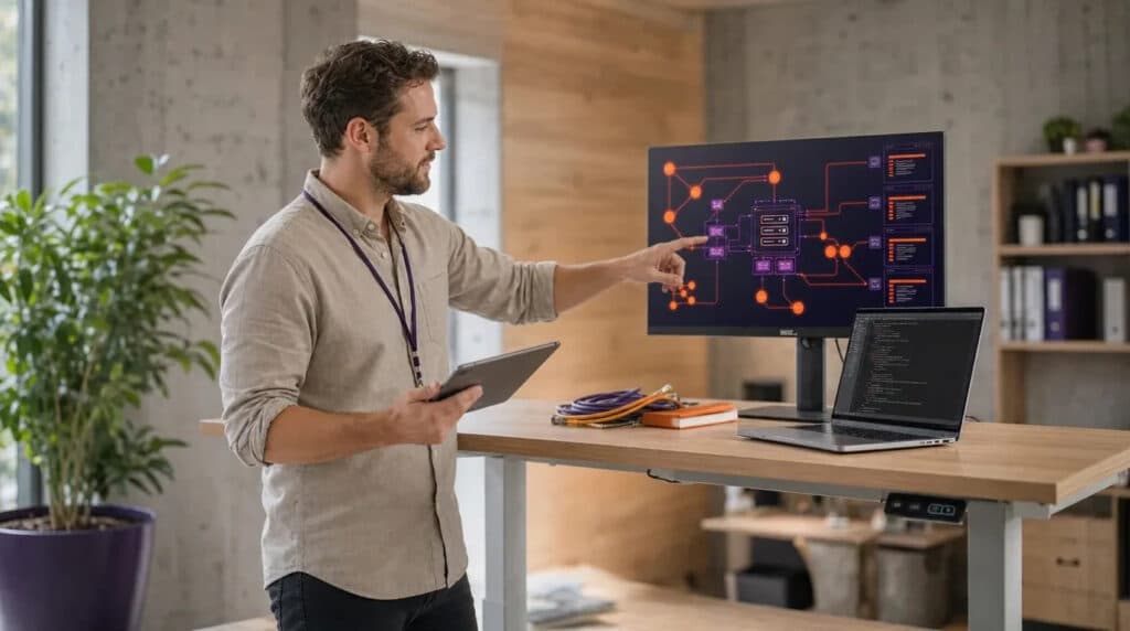 Mann am Stehschreibtisch zeigt auf Monitor mit orange-violettem Netzwerkdiagramm, Laptop daneben.