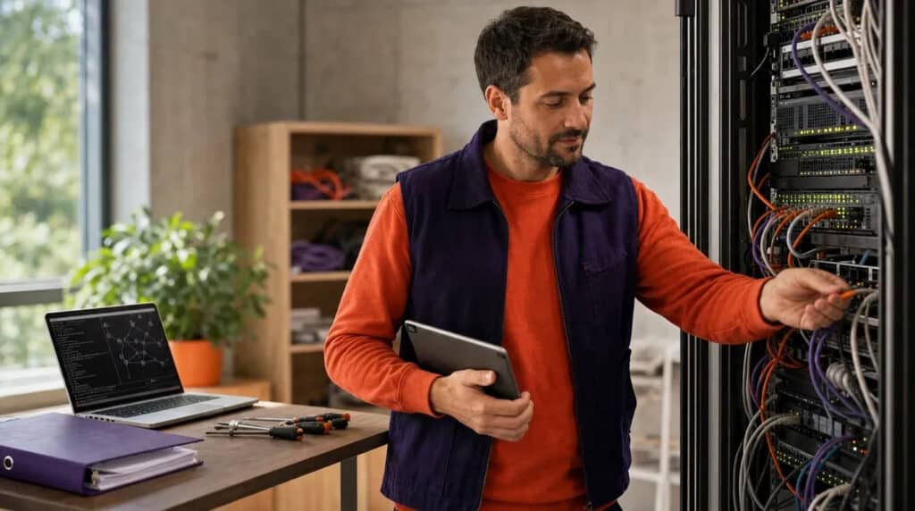 Mann im orangefarbenen Pullover prüft Netzwerkkabel an einem Serverrack, daneben Laptop mit Terminal.