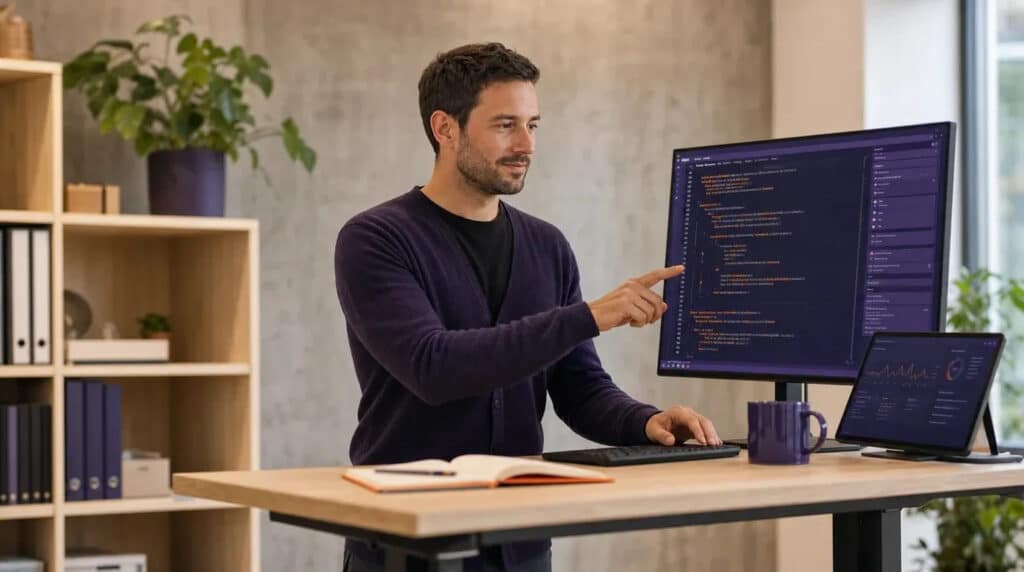 Mann am Stehschreibtisch programmiert, Monitor zeigt Code mit orangefarbenen und violetten Akzenten.