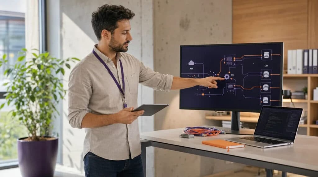 Mann am Stehschreibtisch zeigt auf Monitor mit orange-violettem Netzwerkdiagramm, Laptop daneben.