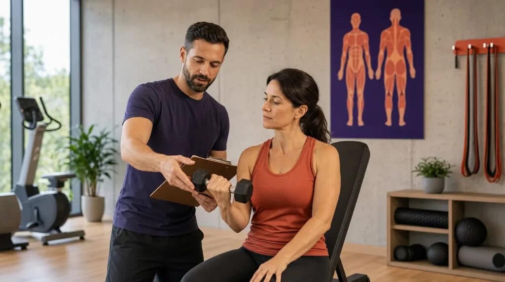 Fitnesstrainer erklärt einer Kundin auf der Hantelbank die Hantelhaltung in hellem Studio