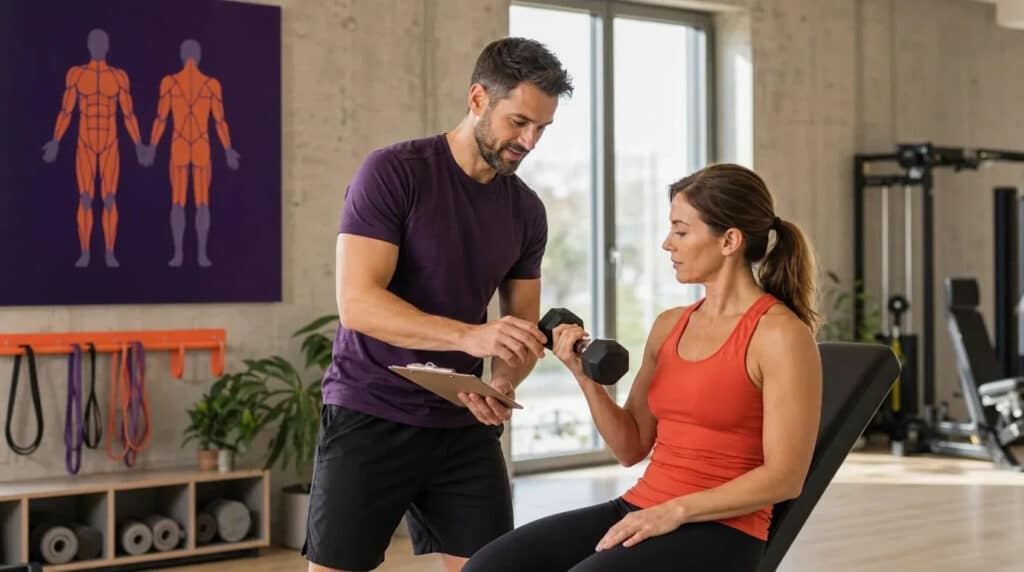 Fitnesstrainer erklärt einer Kundin auf der Hantelbank die Hantelhaltung in hellem Studio