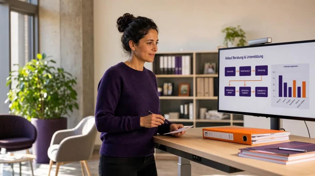 Frau im lila Pullover steht am Stehtisch vor Monitor mit orange-violetter Grafik, Aktenordner daneben.