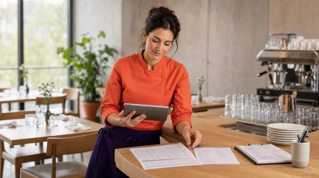 Frau in oranger Kochjacke steht am Tresen eines Restaurants und prüft Zahlen auf einem Tablet.