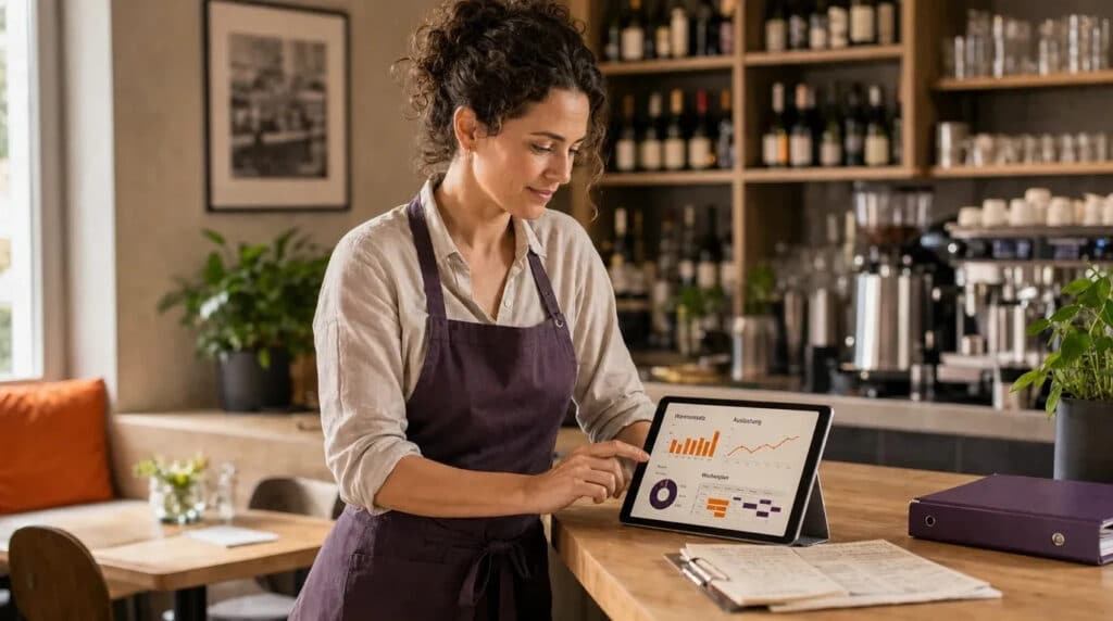 Frau mit Schürze am Restauranttresen prüft auf einem Tablet eine orange-violette Auswertungsgrafik.